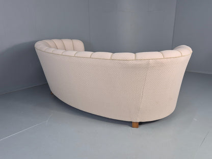 Vintage Danish Banana Sofa Art Deco 3 Seater Cream Cotton Upholstery EB12396