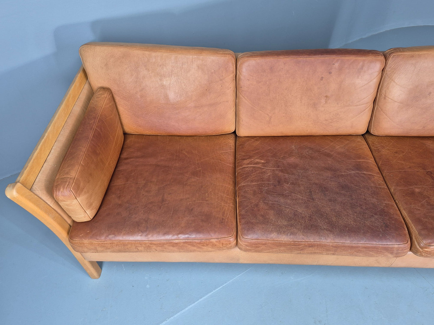 Vintage Stouby 3 seater Sofa Tan Leather 1980s Retro Mid Century Modern EB11610