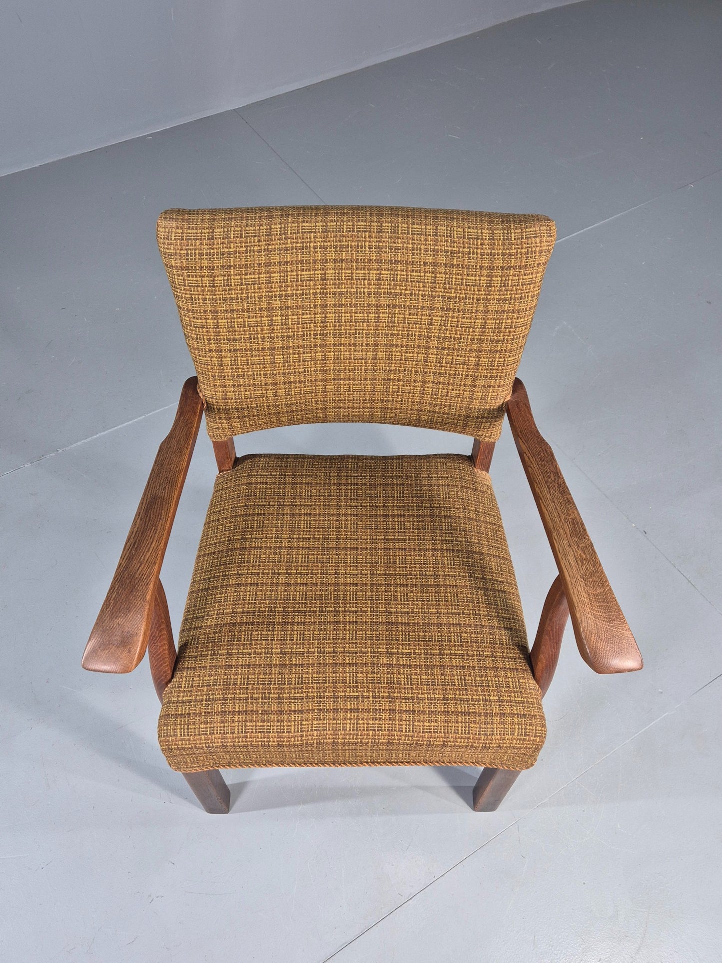 Vintage Elbow Chair 1950s Danish Oak Frame Green Wool Upholstery EB12004