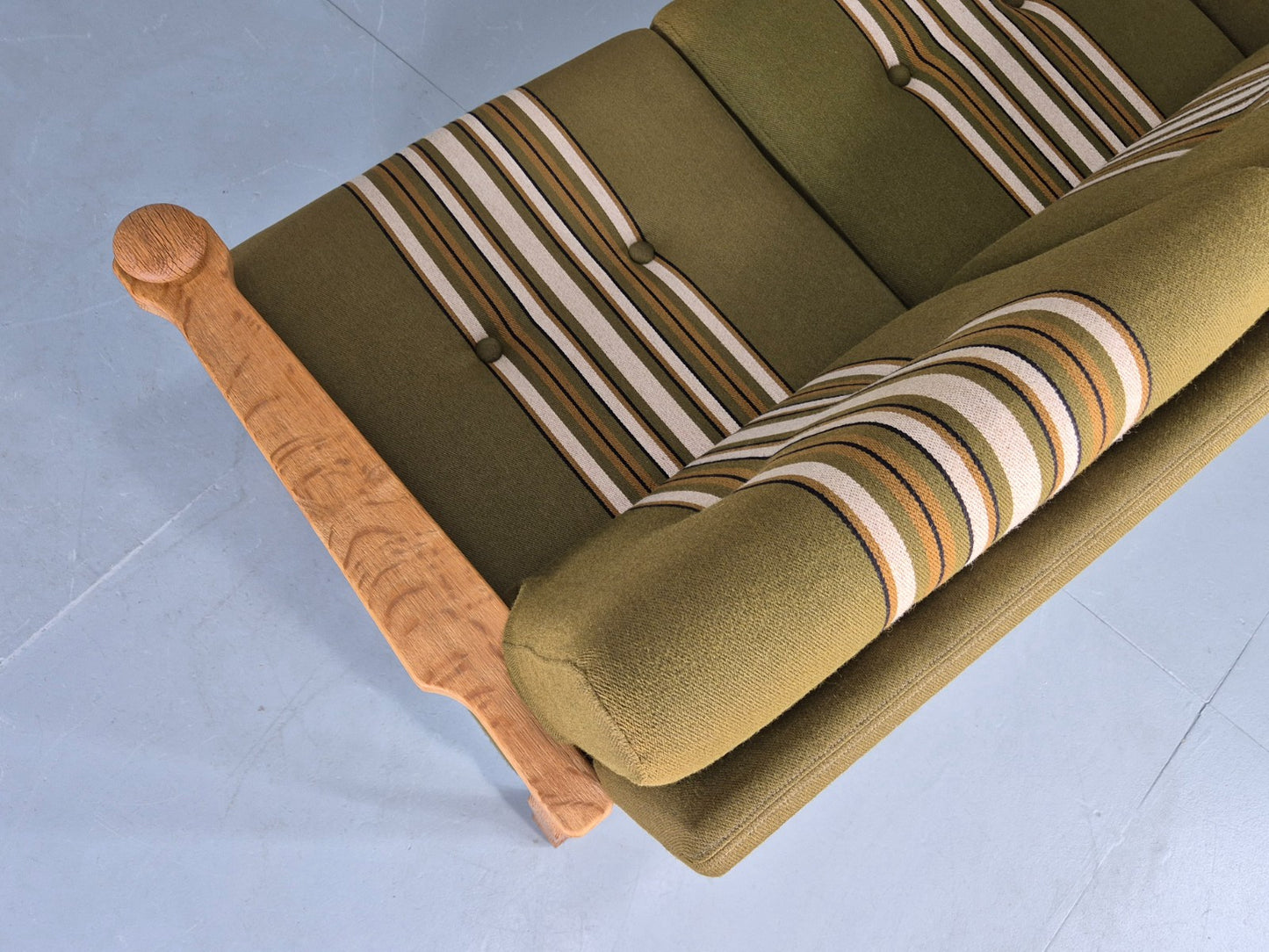 Vintage Danish 3 seater Sofa Oak Kjaenulf Green Cushions 1970s Retro EB12782