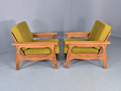 2 Vintage Lounge Chairs 1970s Danish Kjaernulf Oak Frames Green Cushions EB12780
