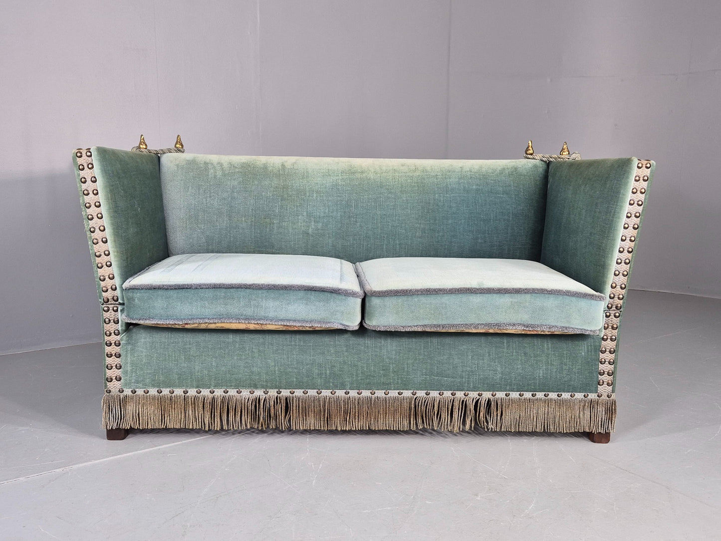 Vintage Danish Knole Sofa 2 Seater Blue Velour Floral Cream Cushions EB12748