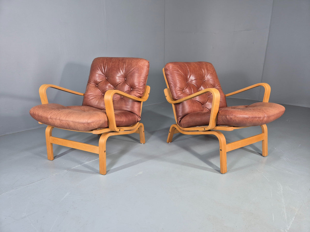 2 Vintage Swedese Leather Bentwood Lounge Chairs Design Yngve Ekstrom  EB13089