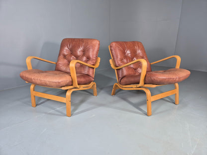 2 Vintage Swedese Leather Bentwood Lounge Chairs Design Yngve Ekstrom  EB13089