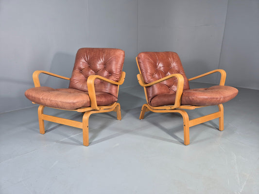 2 Vintage Swedese Leather Bentwood Lounge Chairs Design Yngve Ekstrom  EB13089