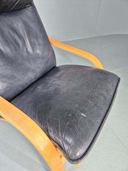Vintage Danish Lounge Chair Bent Wood Frame Black Leather Cushion 1980s EB13077
