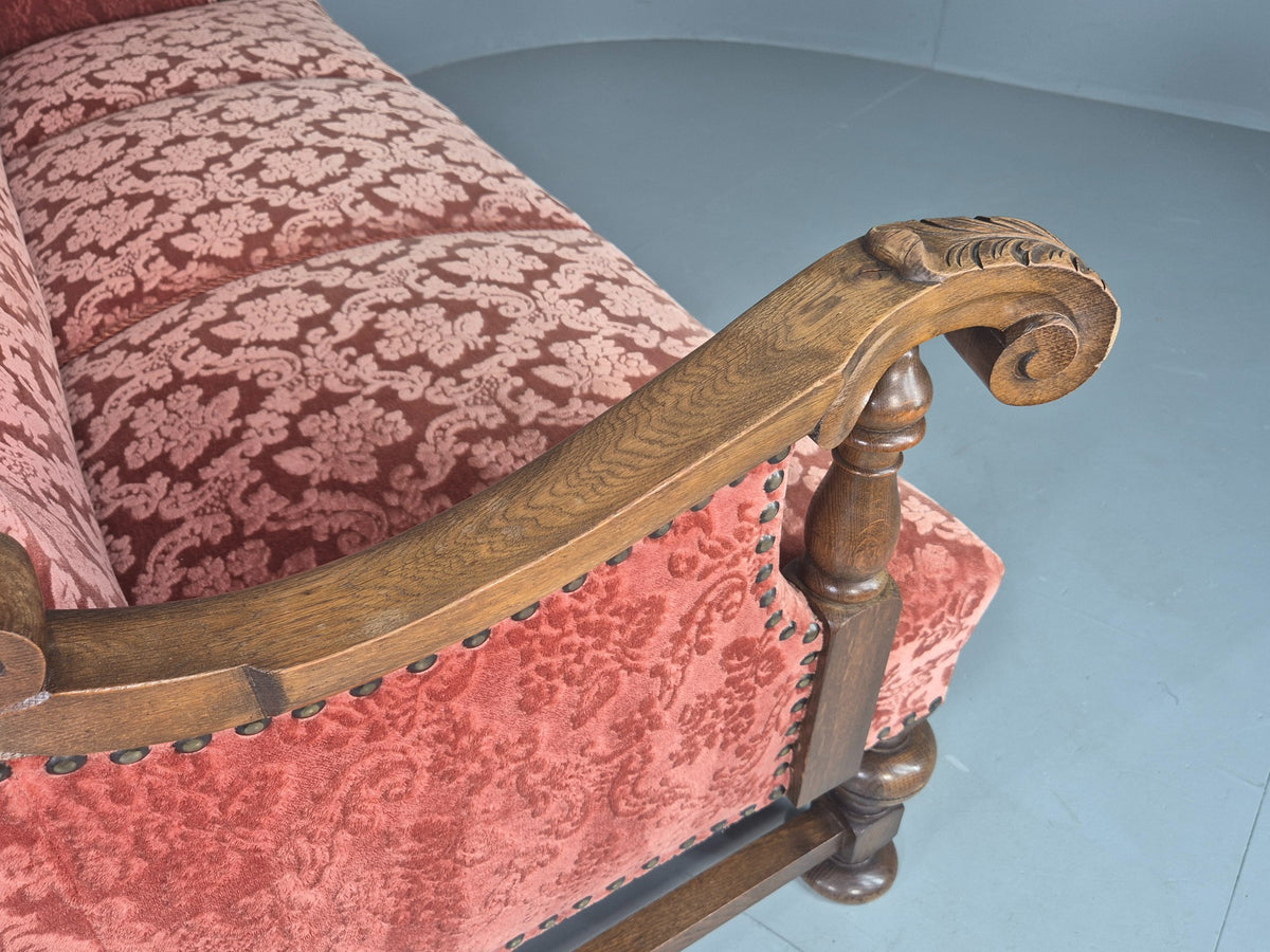 Vintage 3 Seater Sofa Danish Baroque Revival Pink Floral Moquette 1950s EB12698