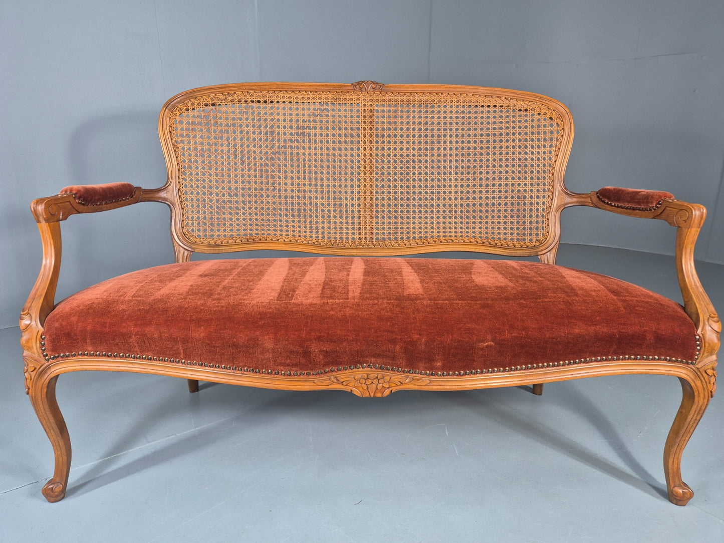 Vintage Danish 2 Seat Sofa French Style Bergere Back Red Velvet Velour EB12744