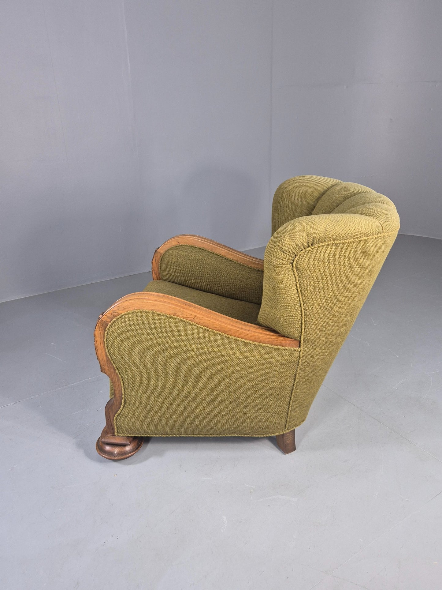 Vintage Art Deco Lounge Chair Danish Oak Shell Back 1940s Retro Green EB12693