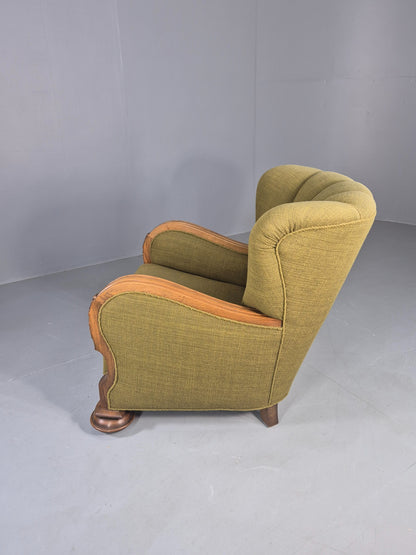 Vintage Art Deco Lounge Chair Danish Oak Shell Back 1940s Retro Green EB12693
