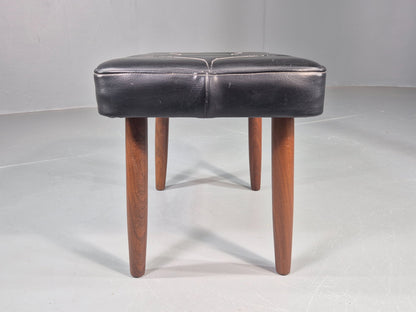 Vintage Mid Century Footstool Danish Black Vinyl Teak Legs Stitch Detail EB12031