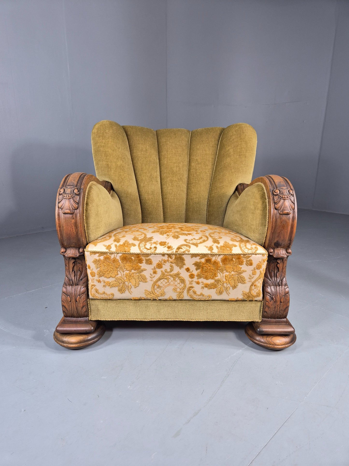 Vintage Danish Art Deco Lounge Chair Carved Oak Frame 1940s Green Floral EB12839