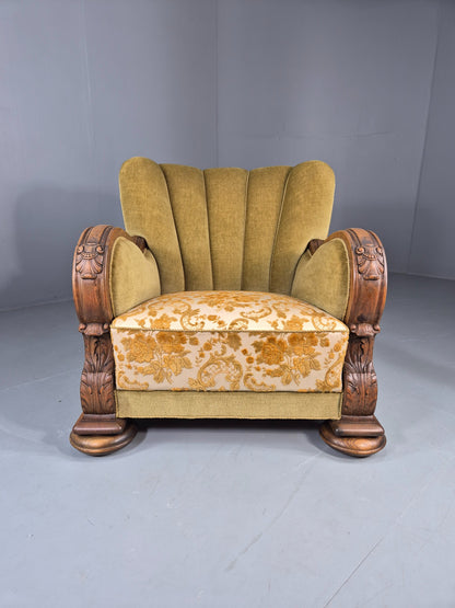 Vintage Danish Art Deco Lounge Chair Carved Oak Frame 1940s Green Floral EB12839