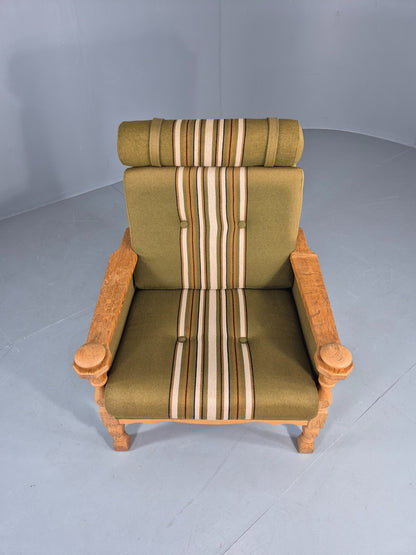 Vintage High Back Kjearnulf Arm Chair Oak Frame Green Stripe 1970s Retro EB12736