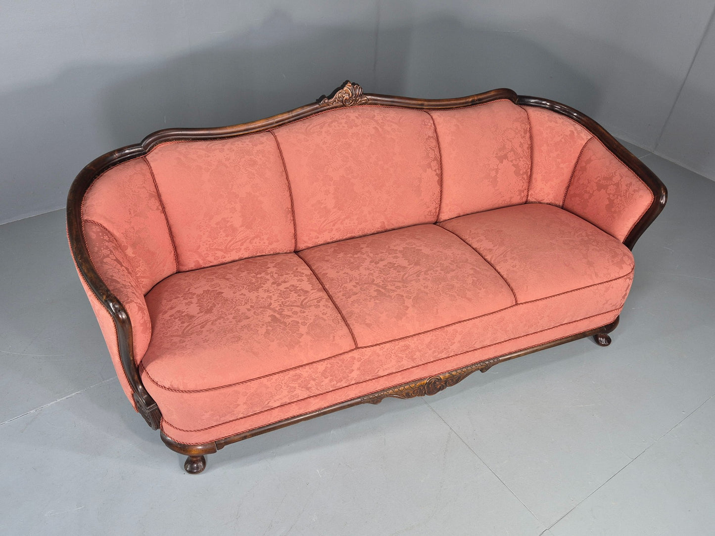 Vintage Danish Art Deco 3 Seater Sofa Carved Hardwood Frame Pink Damask EB12742