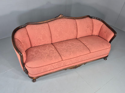Vintage Danish Art Deco 3 Seater Sofa Carved Hardwood Frame Pink Damask EB12742