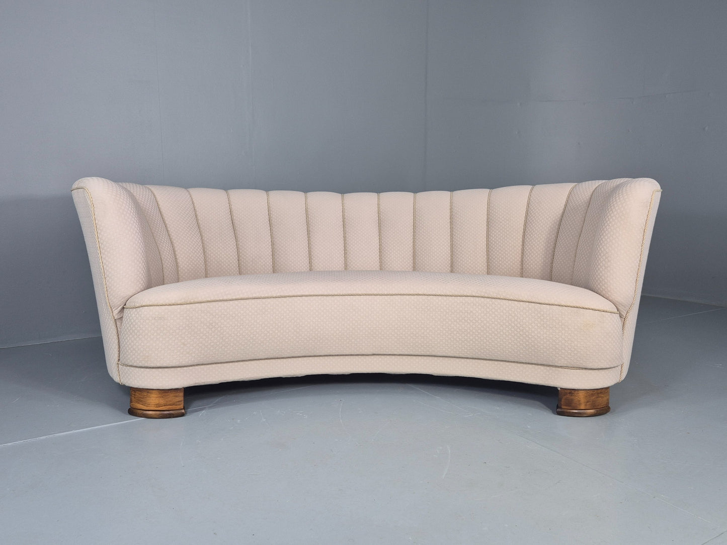 Vintage Danish Banana Sofa Art Deco 3 Seater Cream Cotton Upholstery EB12396