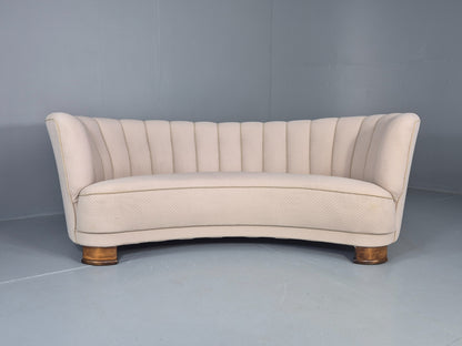 Vintage Danish Banana Sofa Art Deco 3 Seater Cream Cotton Upholstery EB12396