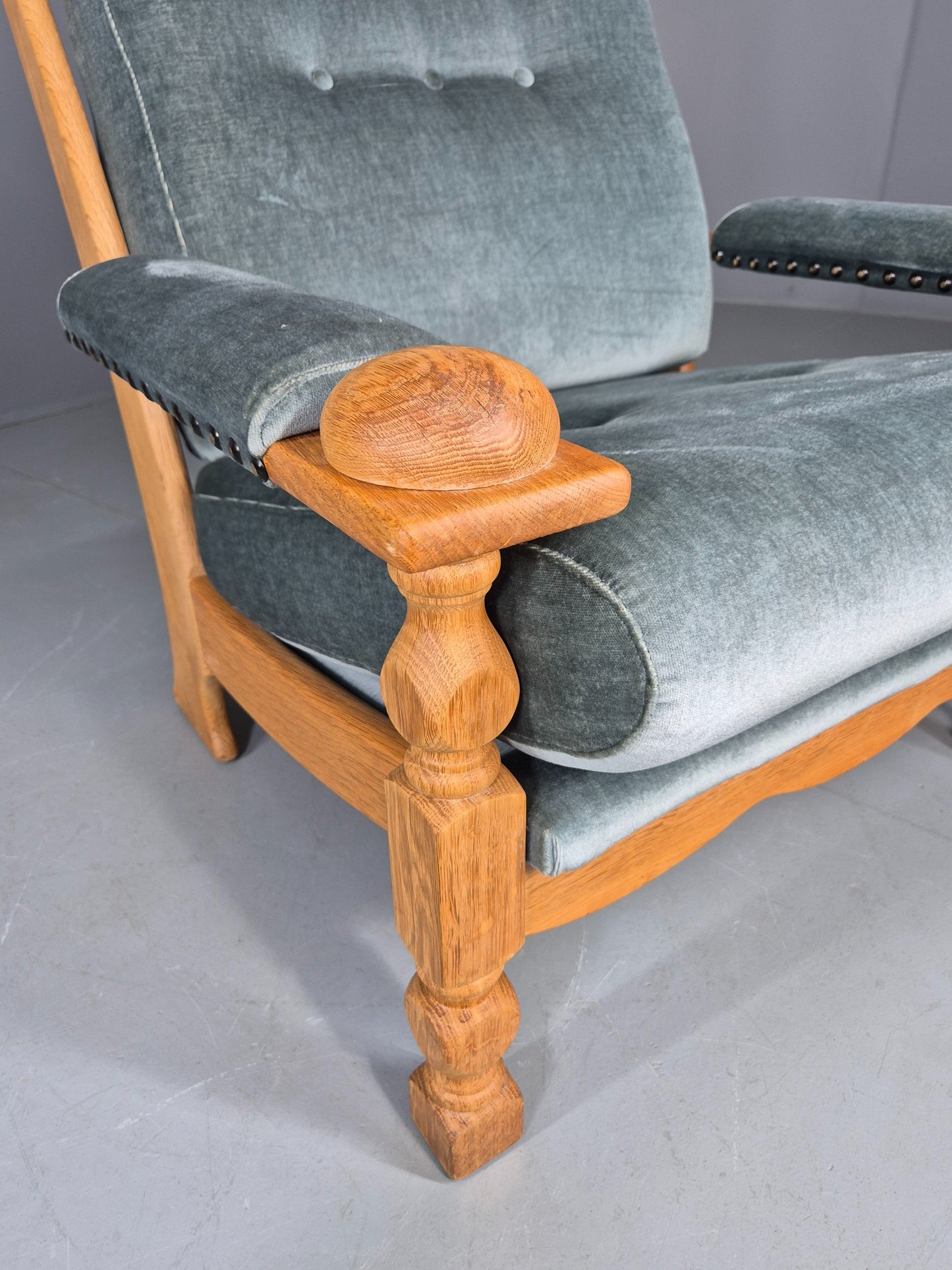 Vintage Danish 1970s Oak Lounge Chair Blue Velour Upholstery Retro EB12709