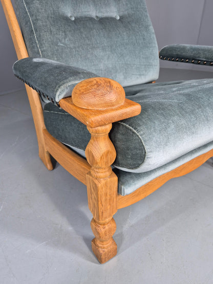 Vintage Danish 1970s Oak Lounge Chair Blue Velour Upholstery Retro EB12709
