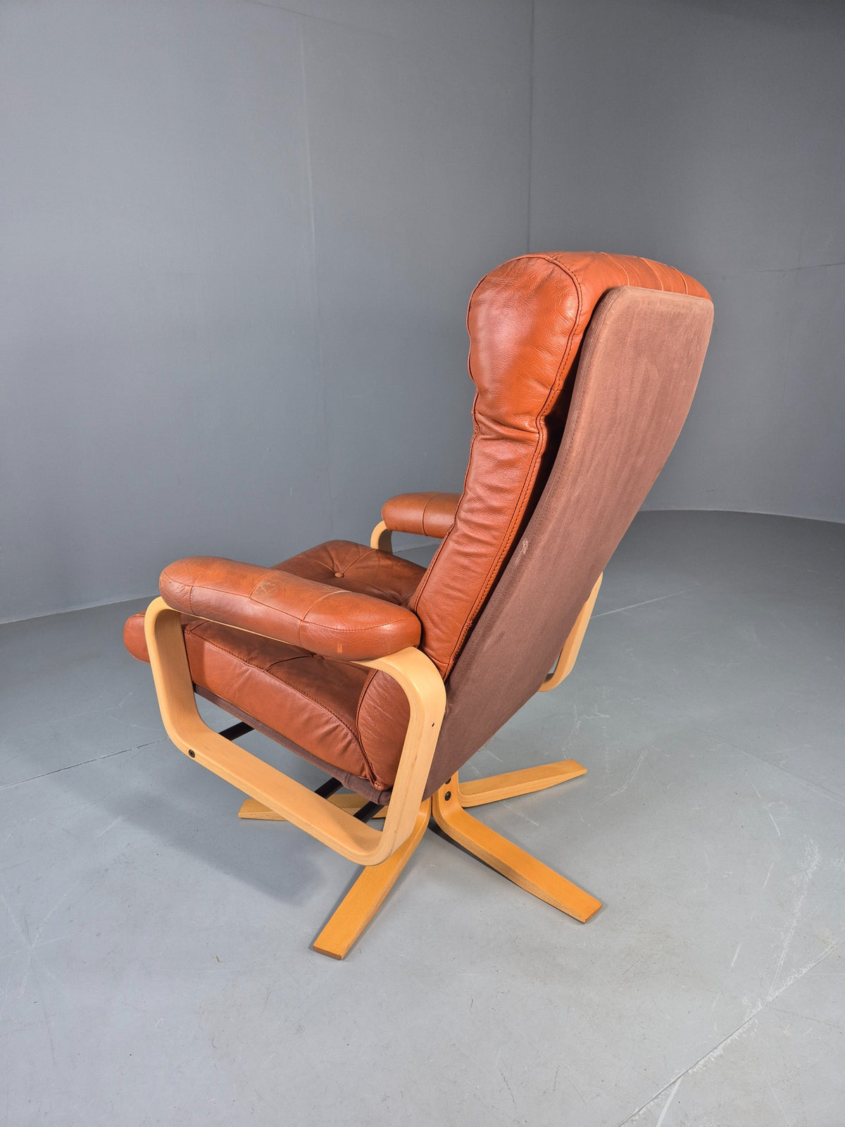 Vintage Danish Lounge Chair Tan Leather swivel and Recline 1970s Retro EB13092