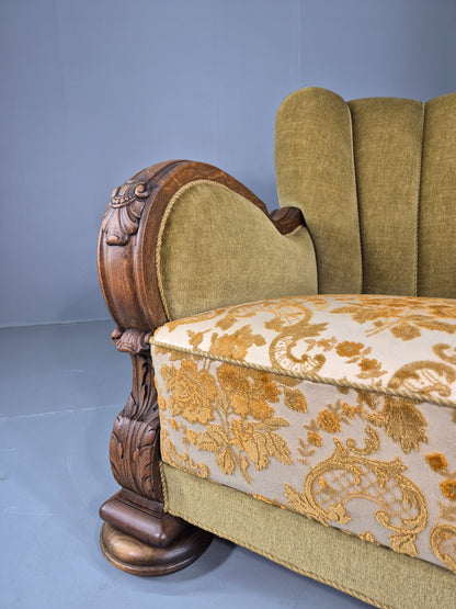 Vintage Danish Art Deco Lounge Chair Carved Oak Frame 1940s Green Floral EB12839
