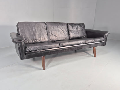 1960s 3-seater sofa Danish Design Black Leather Mid Century Retro Teak  EB10279