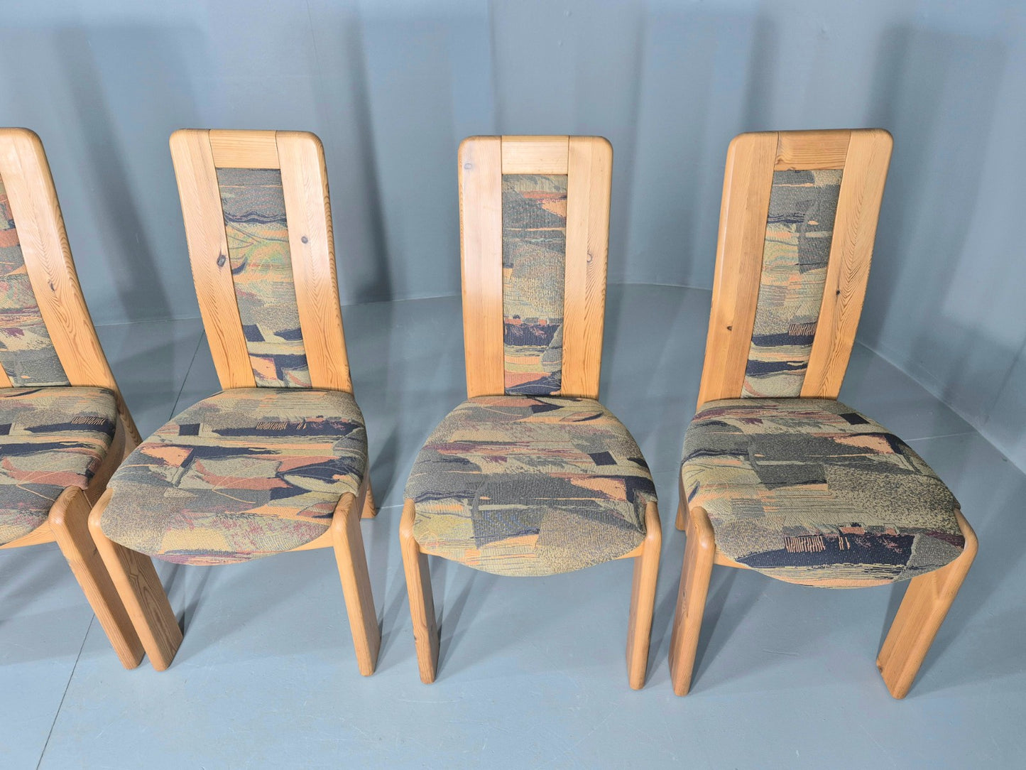 6 Brutalist Pine Dining Chairs 1980s Upholstery Danish Design Retro EB12146