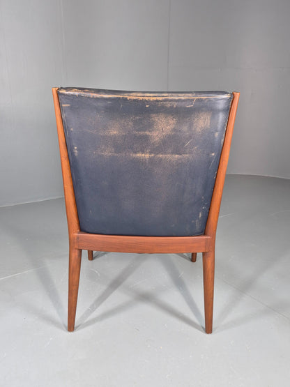 Vintage Mid Century Teak Armchair Blue Leather 1960s Retro EB11901