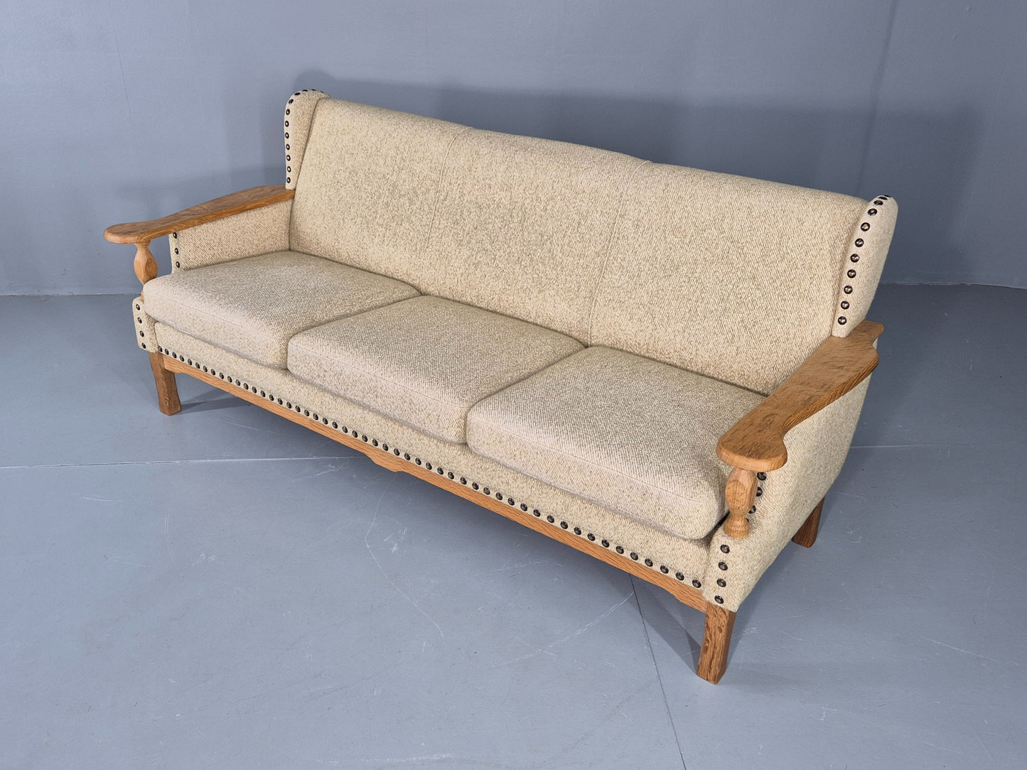 Vintage 3 Seat Sofa Danish 1970s Oak Frame Cream Wool Cloth Retro  EB12753