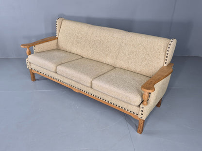 Vintage 3 Seat Sofa Danish 1970s Oak Frame Cream Wool Cloth Retro  EB12753