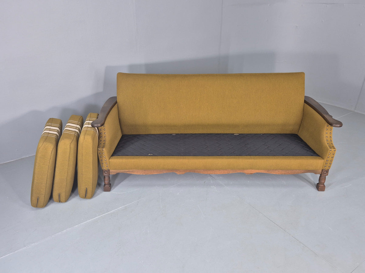 Vintage Danish 3 Seater Sofa 1970s Kjaernulf Style Green Oak Frame Retro EB12724