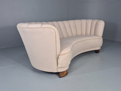 Vintage Danish Banana Sofa Art Deco 3 Seater Cream Cotton Upholstery EB12396