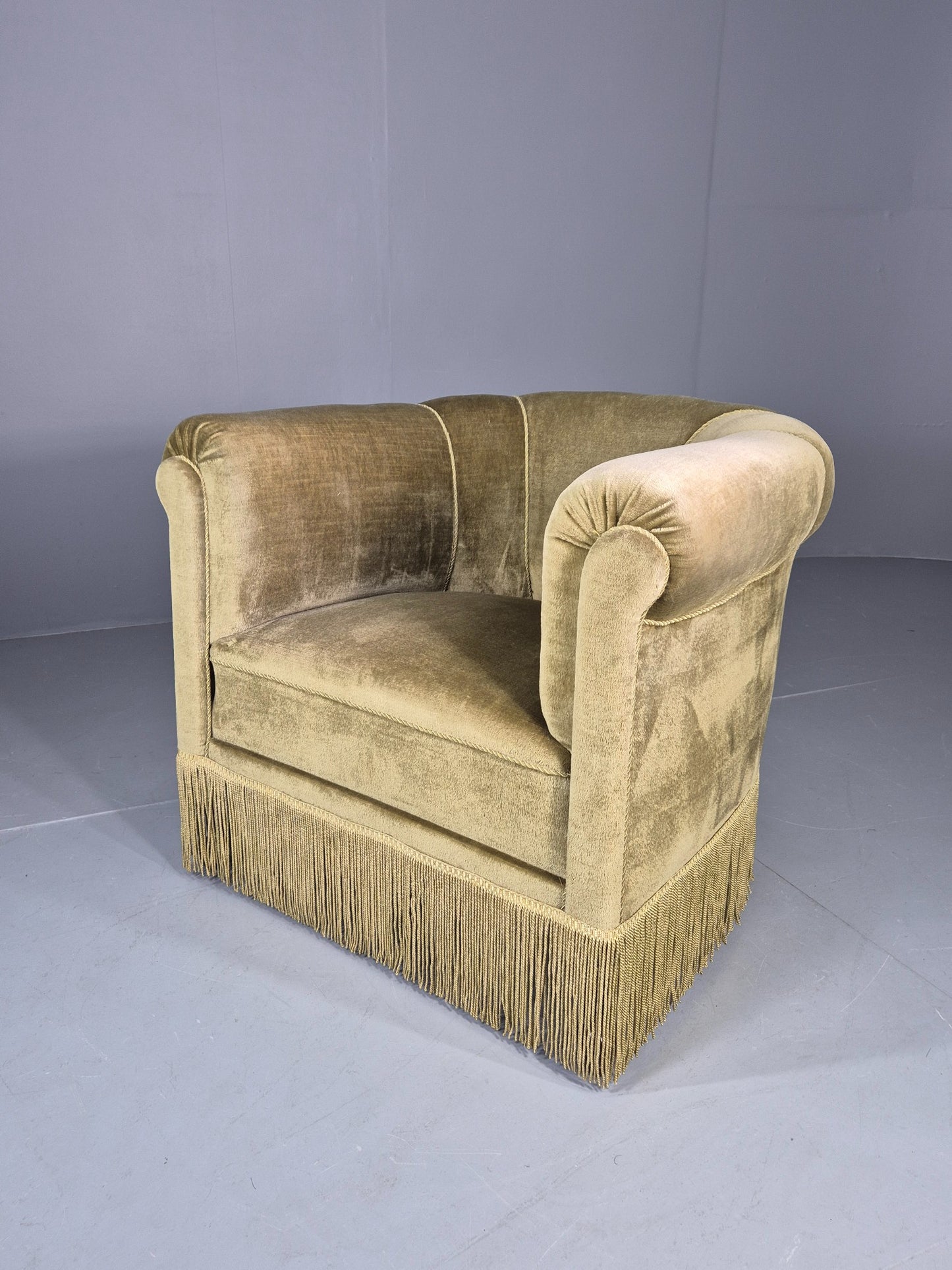 Vintage Danish Art Deco Tub Chair Green Velour Tassels 1940s  EB12710