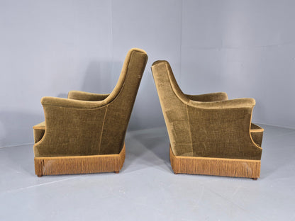 2 Midcentury Danish Lounge Chairs Green Velour Velvet Tassels 1960s EB12646