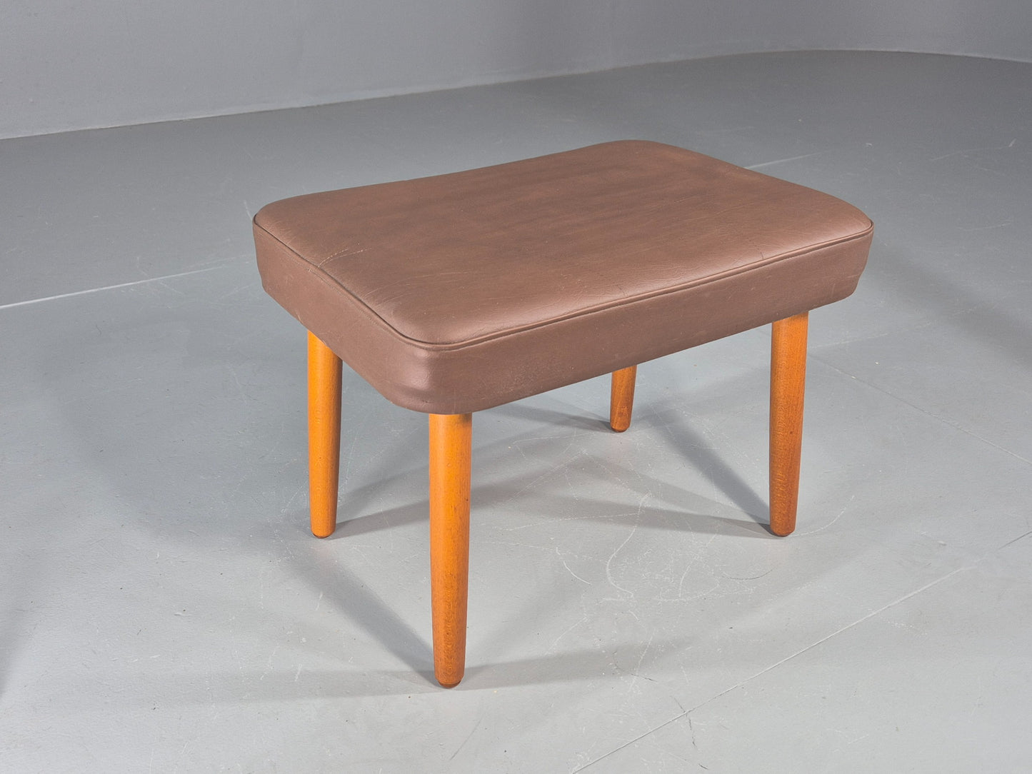 Vintage Danish Mid Century Footstool Brown Vinyl Beech Legs Retro 1960s EB12090