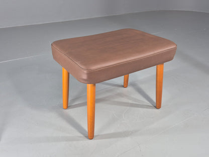 Vintage Danish Mid Century Footstool Brown Vinyl Beech Legs Retro 1960s EB12090