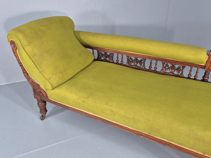 Edwardian Antique Chaise Lounge Green Velvet Velour Oak Frame  EB12458
