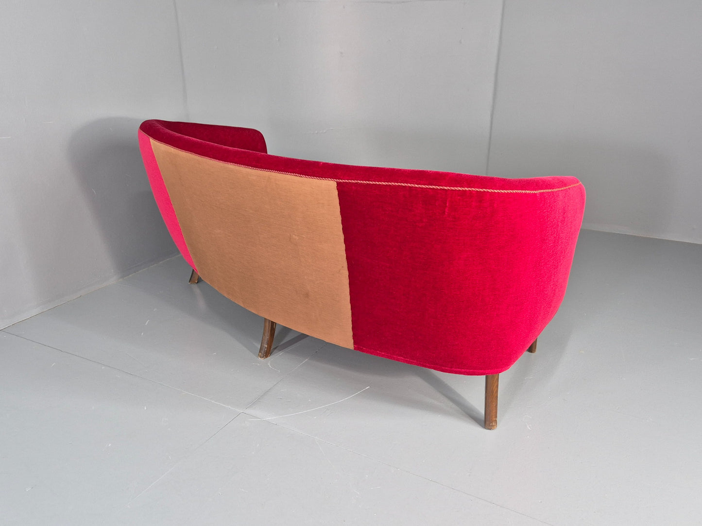Vintage Danish Banana Sofa 3 Seater Red Velvet Velour 1950s Classic MCM EB12399