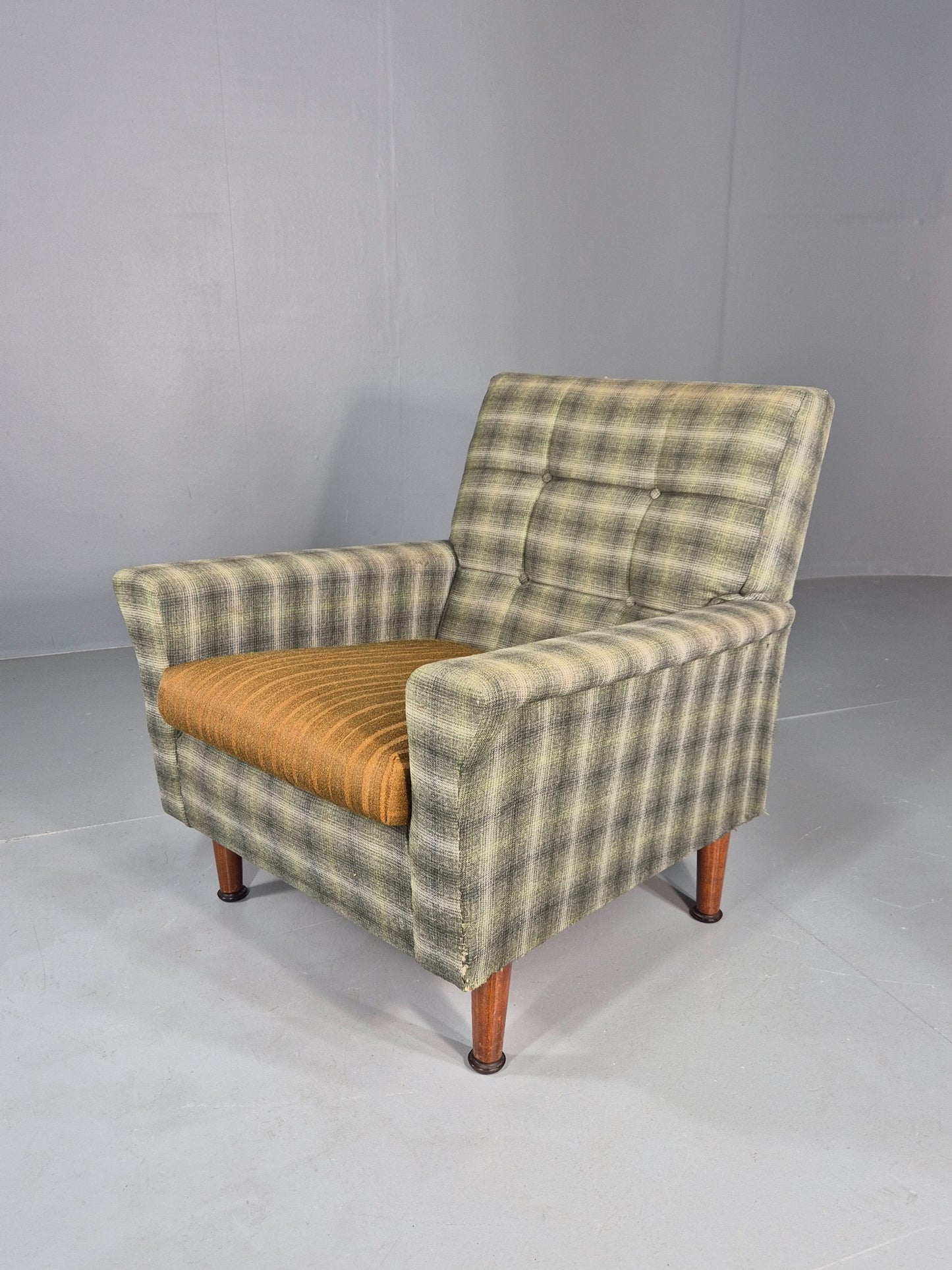 Vintage 1960s Retro Lounge Chair Green and Gold Upholstery EB11829