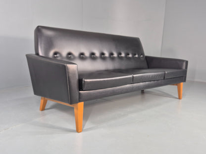 Vintage Three Seat Sofa 1960s Swedish Black Vinyl Upholstery Retro EB11126