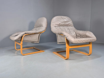 2 Vintage 1980s Leather Lounge Chairs Bentwood Frames Danish Retro MCM EB09253