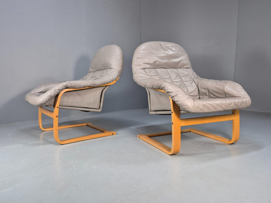 2 Vintage 1980s Leather Lounge Chairs Bentwood Frames Danish Retro MCM EB09253