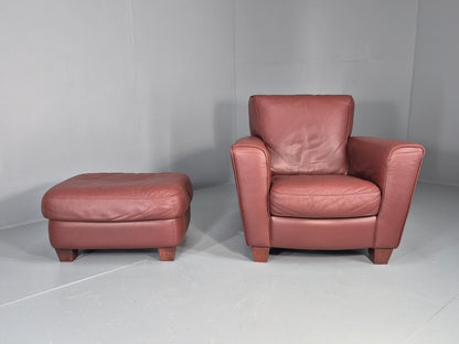 Vintage Natuzzi Chair and Footstool Leather Art Deco Club Style Modern EB12487