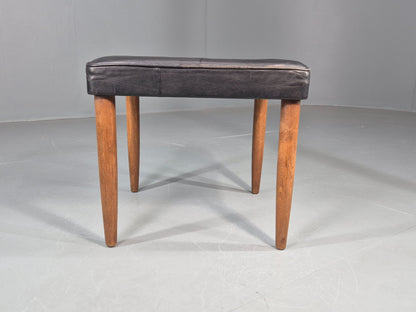 Vintage Mid Century Footstool Danish Black Leather Teak Legs 1960s Retro EB12097