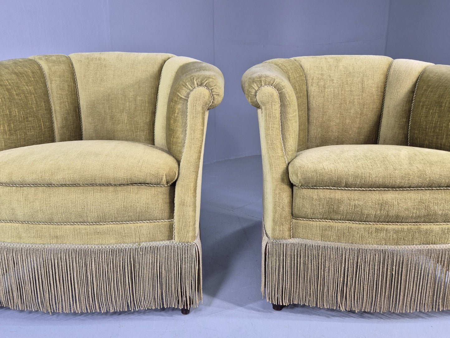 Pair Art Deco Tub Chairs Danish Design 1950s Green Velour Tassels Retro EB12715