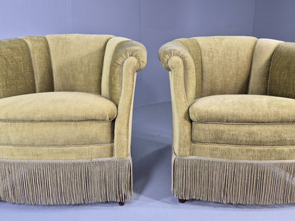 Pair Art Deco Tub Chairs Danish Design 1950s Green Velour Tassels Retro EB12715