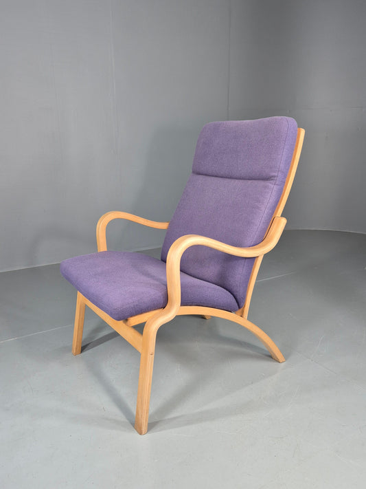Vintage Mid Century Lounge Chair Bentwood Frame Danish Purple Wool 1980s EB12136