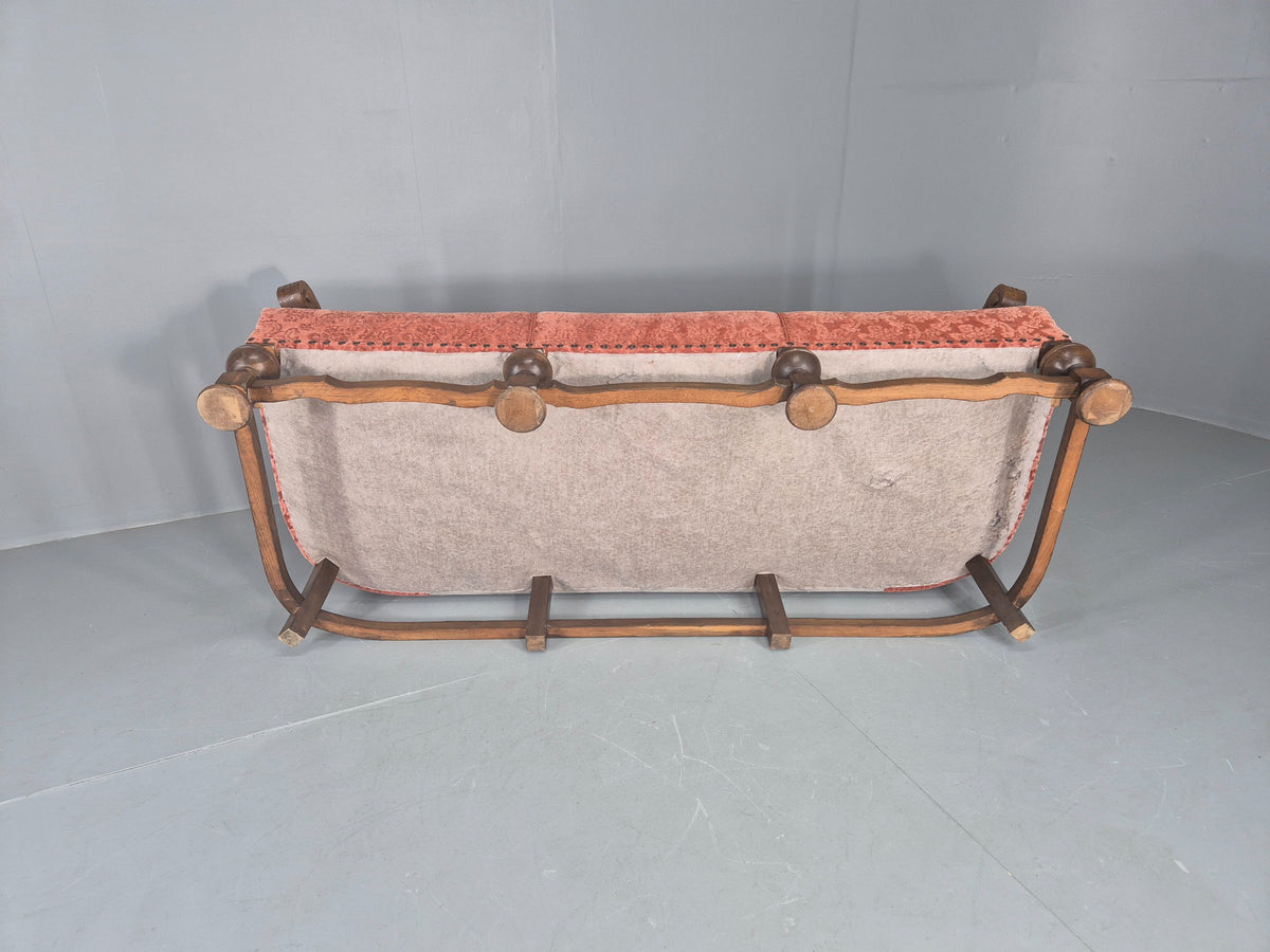 Vintage 3 Seater Sofa Danish Baroque Revival Pink Floral Moquette 1950s EB12698