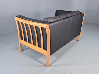 Vintage Stouby 2 Seater Sofa Beech Ends Black Leather 1990s Retro EB12421
